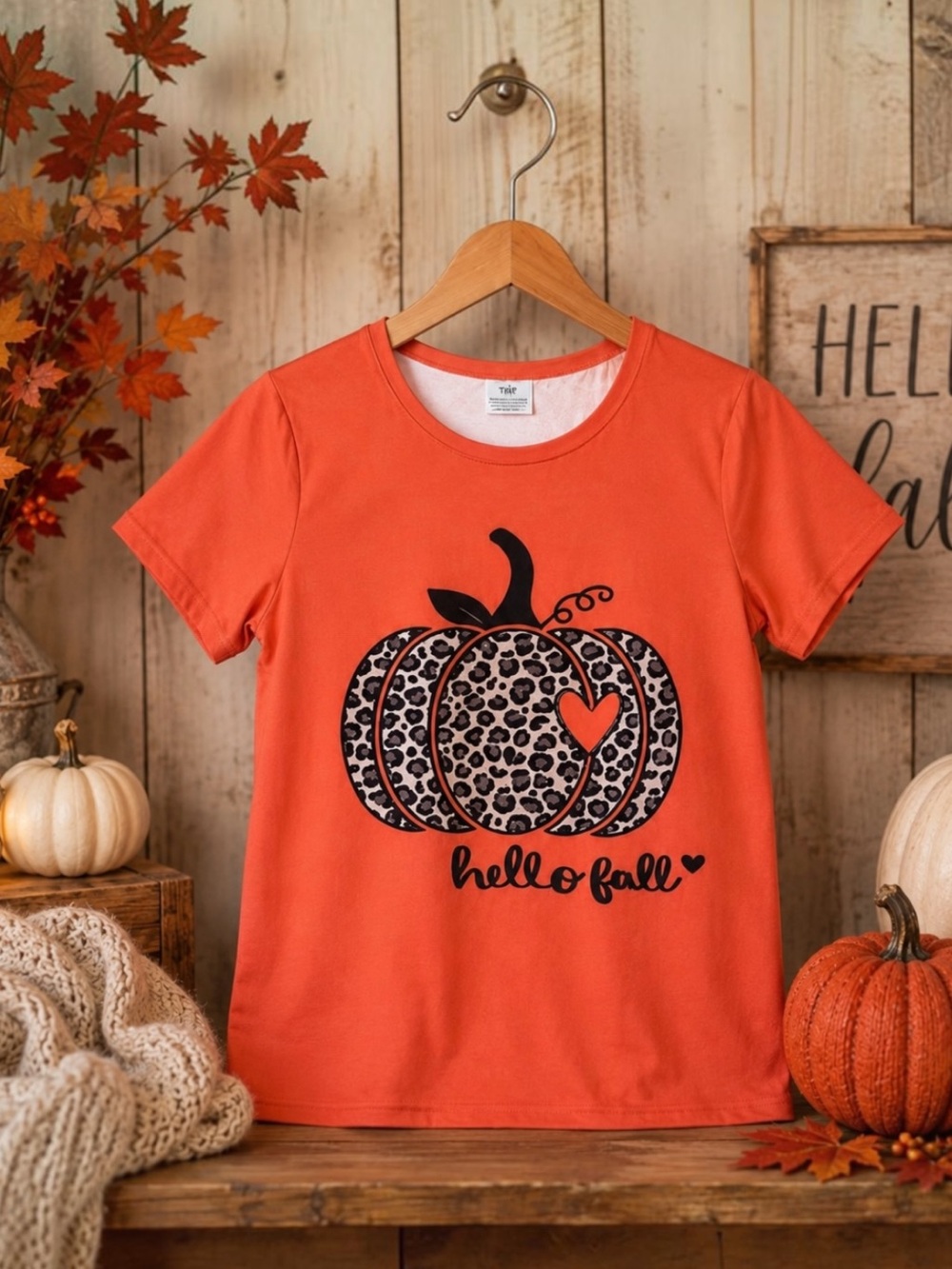 New Boutique Girls Hello Fall Leopard Pumpkin Shirt 7-8Y Orange Halloween